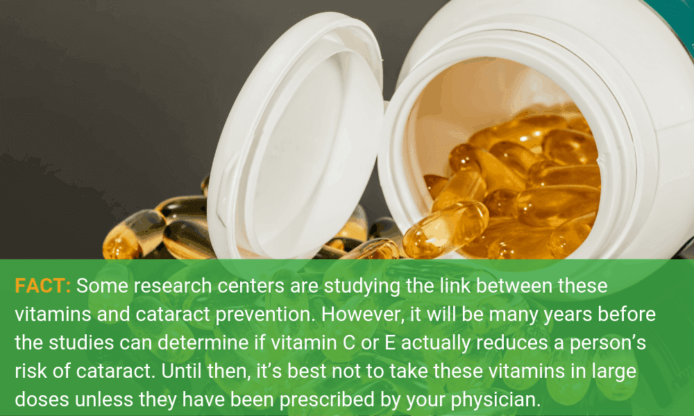 Some research centers are studying the link between vitamins and cataract prevention. Do not take vitamins in large doses unless they have been prescribed by your physician. 